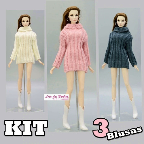 Kit 3 Blusas Vestidos P/ Boneca Barbie Roupa Inverno Sapatos